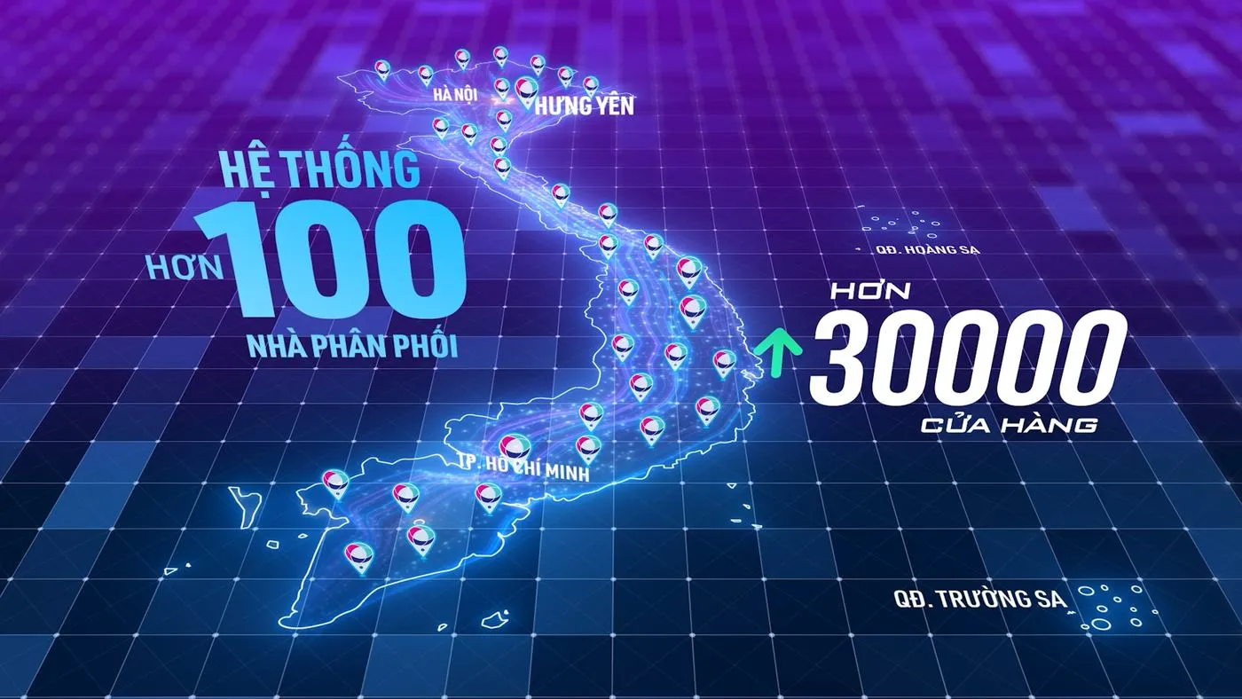 Bản đồ hệ thống phân phối Komlife: hơn 100 nhà phân phối, hơn 30.000 cửa hàng
