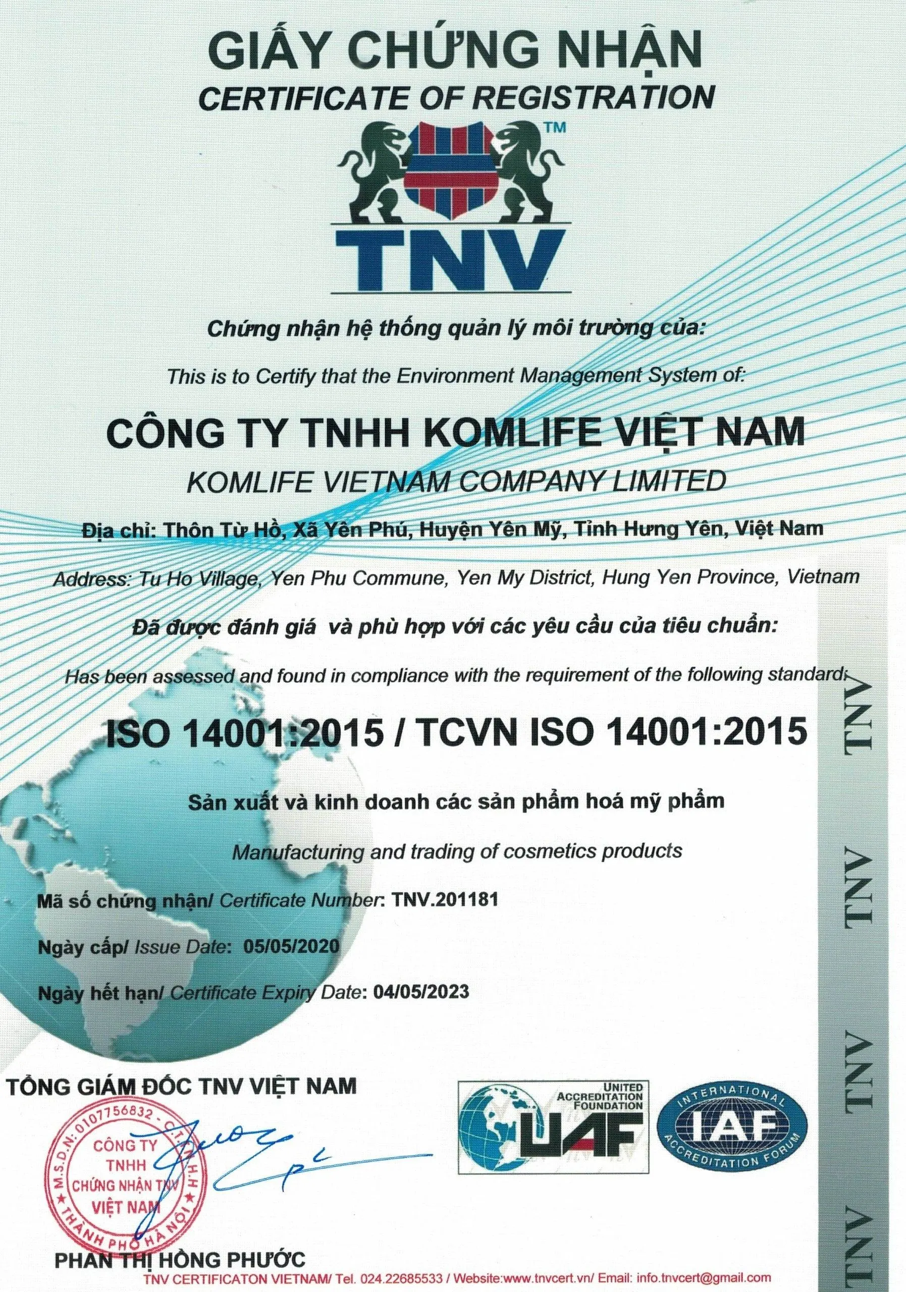 Giấy chứng nhận ISO 14001:2015 / TCVN ISO 14001:2015 của Komlife